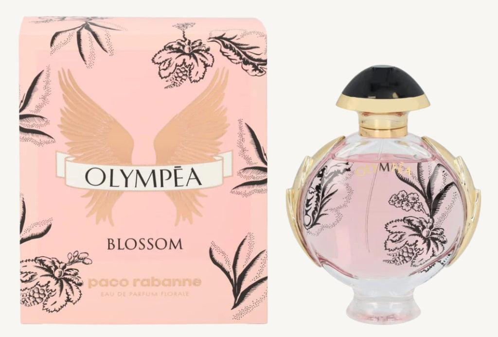 "Paco Rabanne Olympea Blossom 1 oz Eau de Parfum Spray – a radiant and romantic floral-fruity fragrance with notes of damask rose, pink pepper, blackcurrant sorbet, pear, and vanilla. A playful twist on the iconic Olympea."