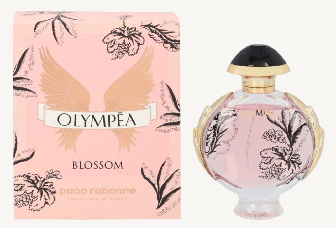 "Paco Rabanne Olympea Blossom 1 oz Eau de Parfum Spray – a radiant and romantic floral-fruity fragrance with notes of damask rose, pink pepper, blackcurrant sorbet, pear, and vanilla. A playful twist on the iconic Olympea."