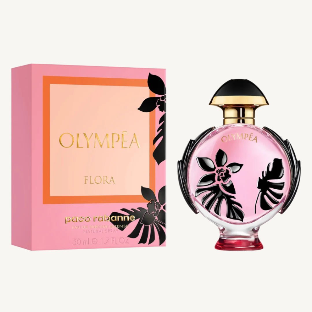 "Paco Rabanne Olympea Flora 1.7 oz Eau de Parfum Spray – a captivating floral-oriental scent with notes of pink pepper, blackcurrant, rose, vanilla, and salty amber, expressing bold femininity and sensuality in a compact size."