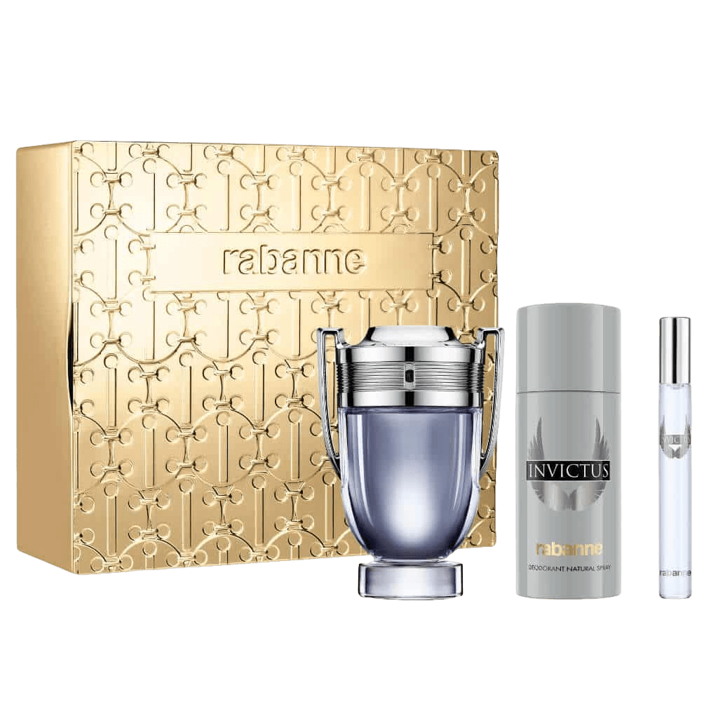 Paco Rabanne Invictus gift set including Eau de Toilette, travel spray, and deodorant — a bold, fresh fragrance with marine, grapefruit, and woody notes for men.