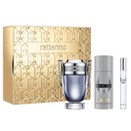 Paco Rabanne Invictus gift set including Eau de Toilette, travel spray, and deodorant — a bold, fresh fragrance with marine, grapefruit, and woody notes for men.