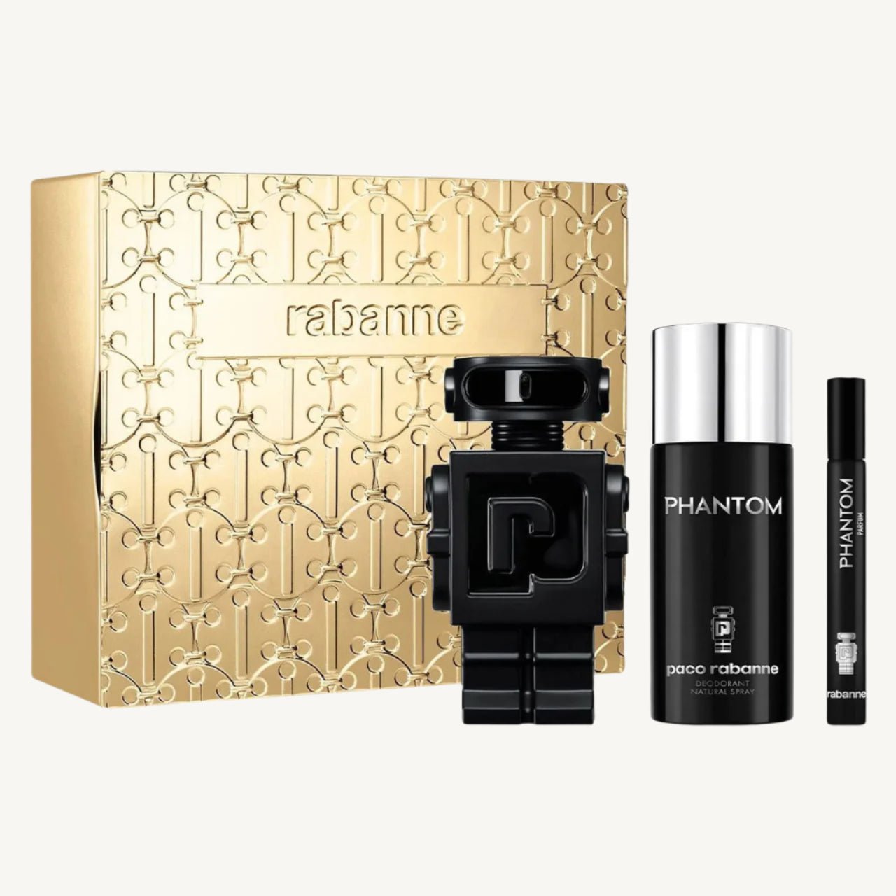 "Paco Rabanne Phantom Parfum 3-piece gift set for men – includes a 3.4 oz Parfum Spray, 5.1 oz Deodorant Spray, and a 0.34 oz travel spray. A bold, sensual scent with notes of lavender, cardamom, patchouli, and vanilla – made for the modern man with confidence and edge."