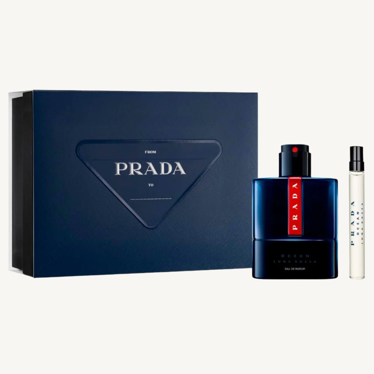"Prada Luna Rossa Ocean Intense 2-piece set for men – includes a full-size 3.3 oz EDP and a 0.33 oz travel spray, featuring a deep, marine-amber scent with notes of grapefruit, incense, iris, and patchouli."