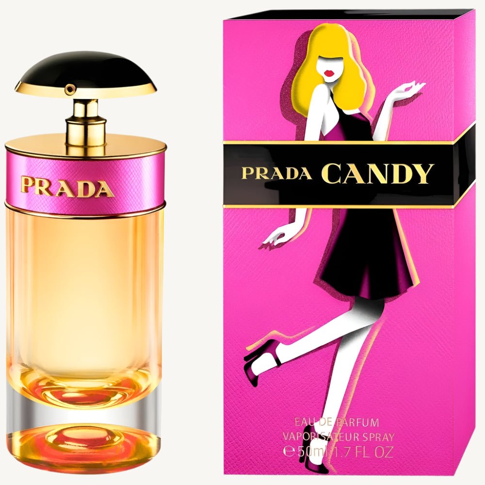 "Prada Candy 1.7 oz Eau de Parfum Spray for women – a bold and addictive gourmand fragrance with notes of caramel, benzoin, musk, and vanilla, celebrating playful femininity and modern indulgence."