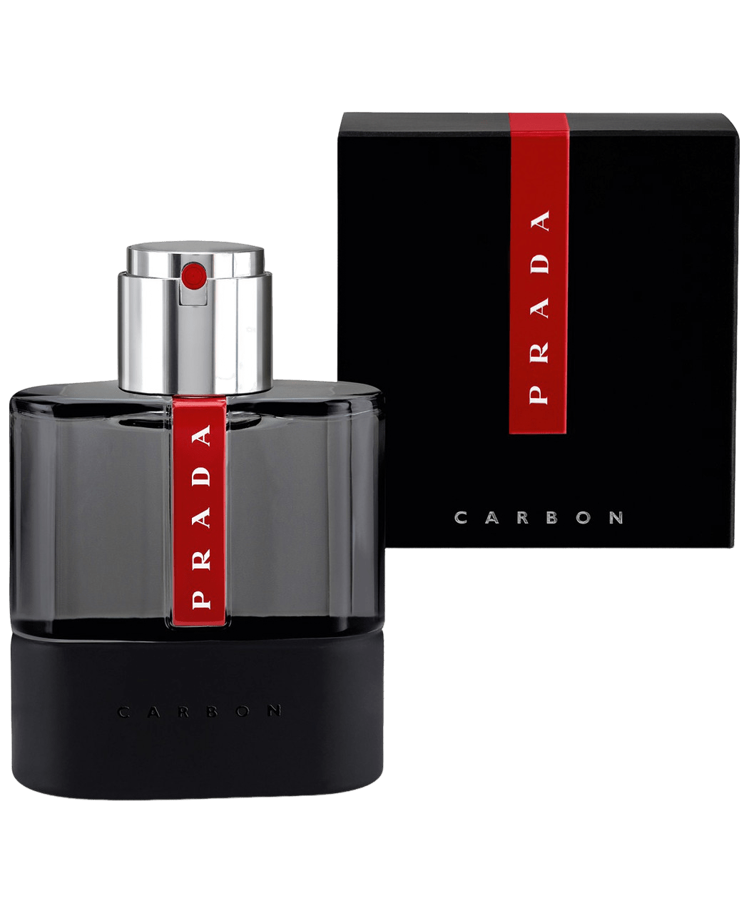 Prada Luna Rossa Carbon Eau de Toilette 1.7 oz bottle — a sleek men’s fragrance blending fresh metallic accord with warm pepper and amber notes, inspired by athletic excellence.