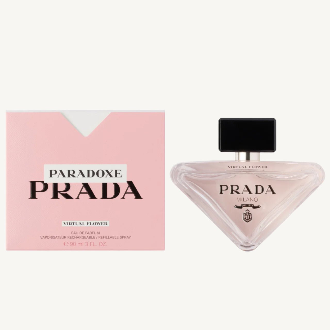 "Prada Paradoxe Virtual Flower 3 oz Eau de Parfum Spray for women – a vibrant floral-amber fragrance with neroli, jasmine, musk, and soft green accords, blending digital imagination with natural elegance."