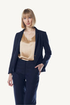 Navy peak-lapel single-breasted blazer — tailored and sophisticated, designed with sharp peak lapels and a streamlined silhouette, perfect for professional and smart-casual occasions.