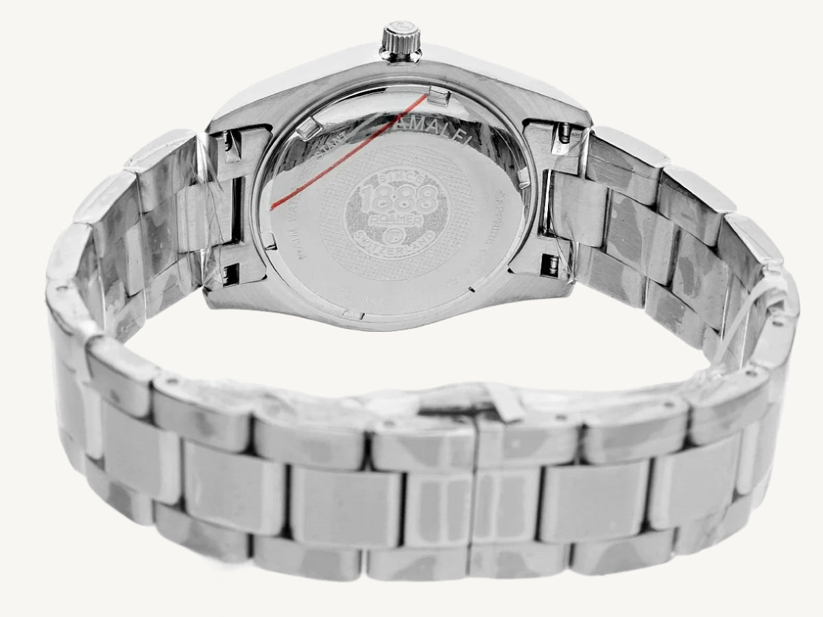 Elegant Roamer Amalfi ladies watch with silver stainless steel strap and blue stone-set dial, Swiss made.