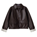 Brown leather jacket with button details on a white background