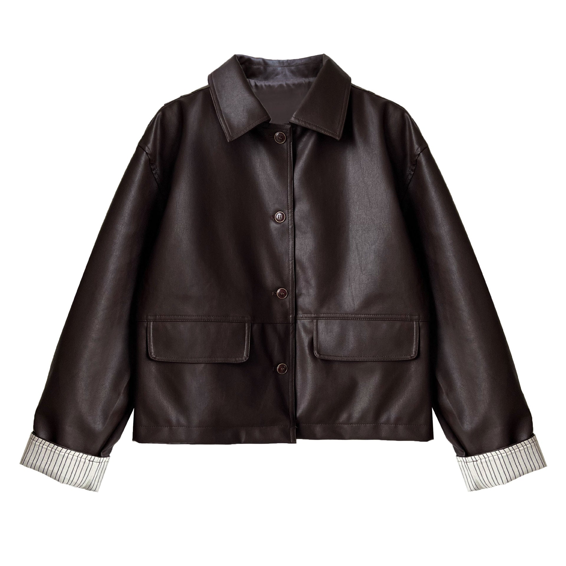 Brown leather jacket with button details on a white background