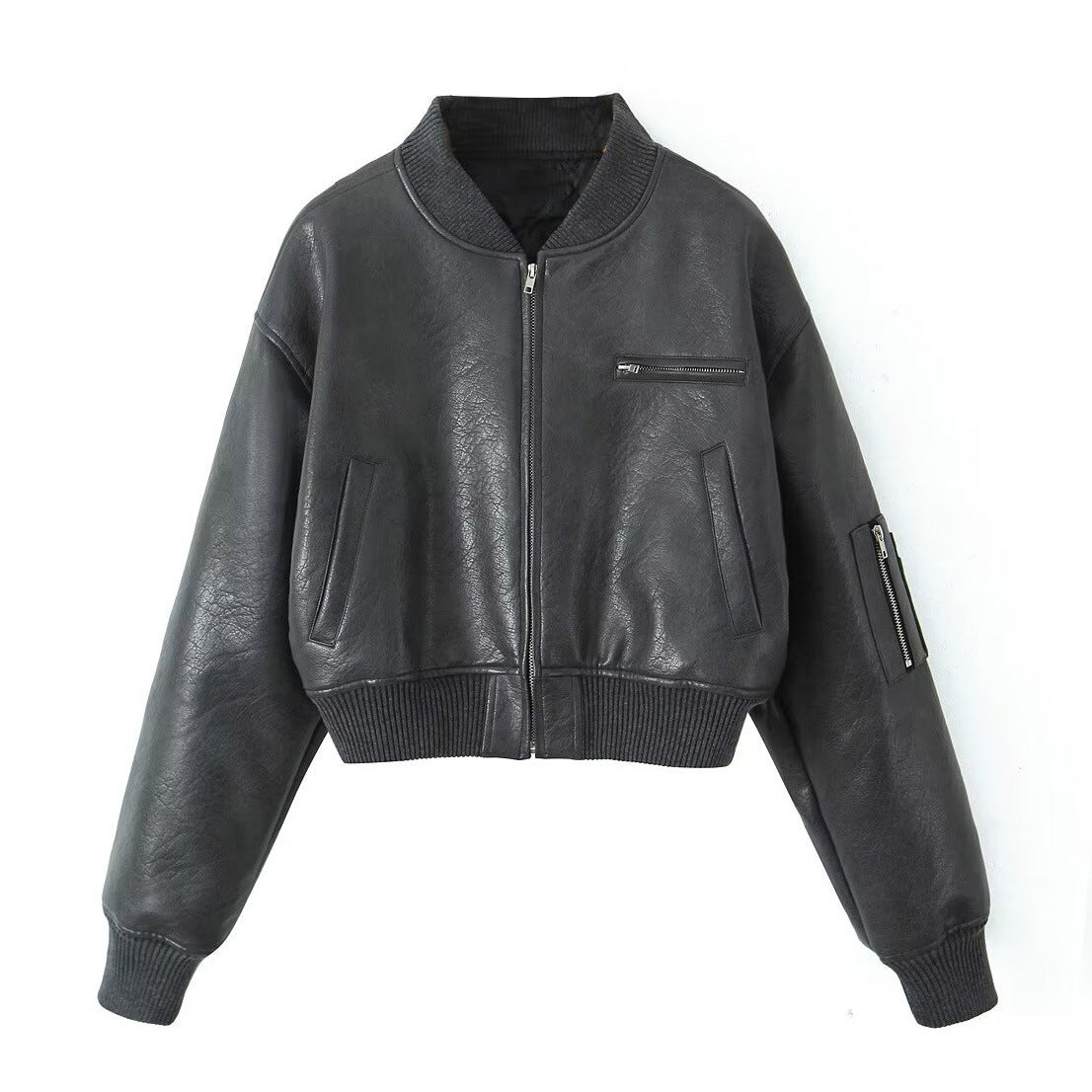 Black leather bomber jacket on a white background