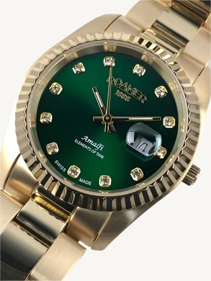 Elegant Roamer Amalfi ladies watch with gold-tone stainless steel strap, green dial set with stones, and sapphire glass.