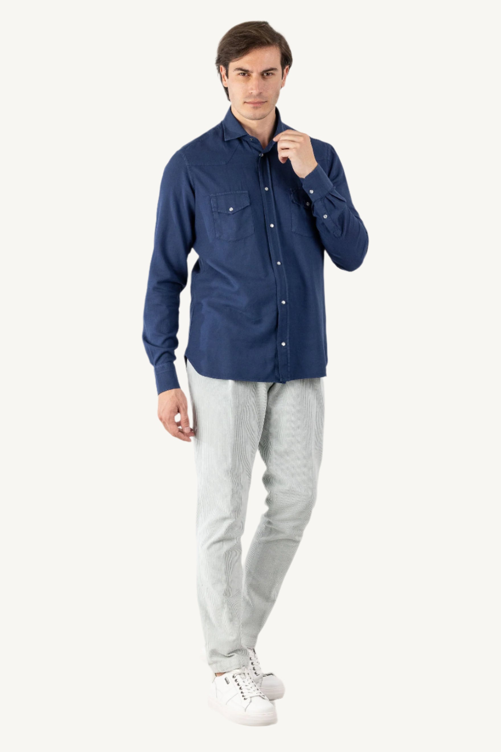 Blue cotton and viscose shirt — soft, breathable, and versatile, designed for autumn and winter, offering casual elegance and comfort in cooler weather.