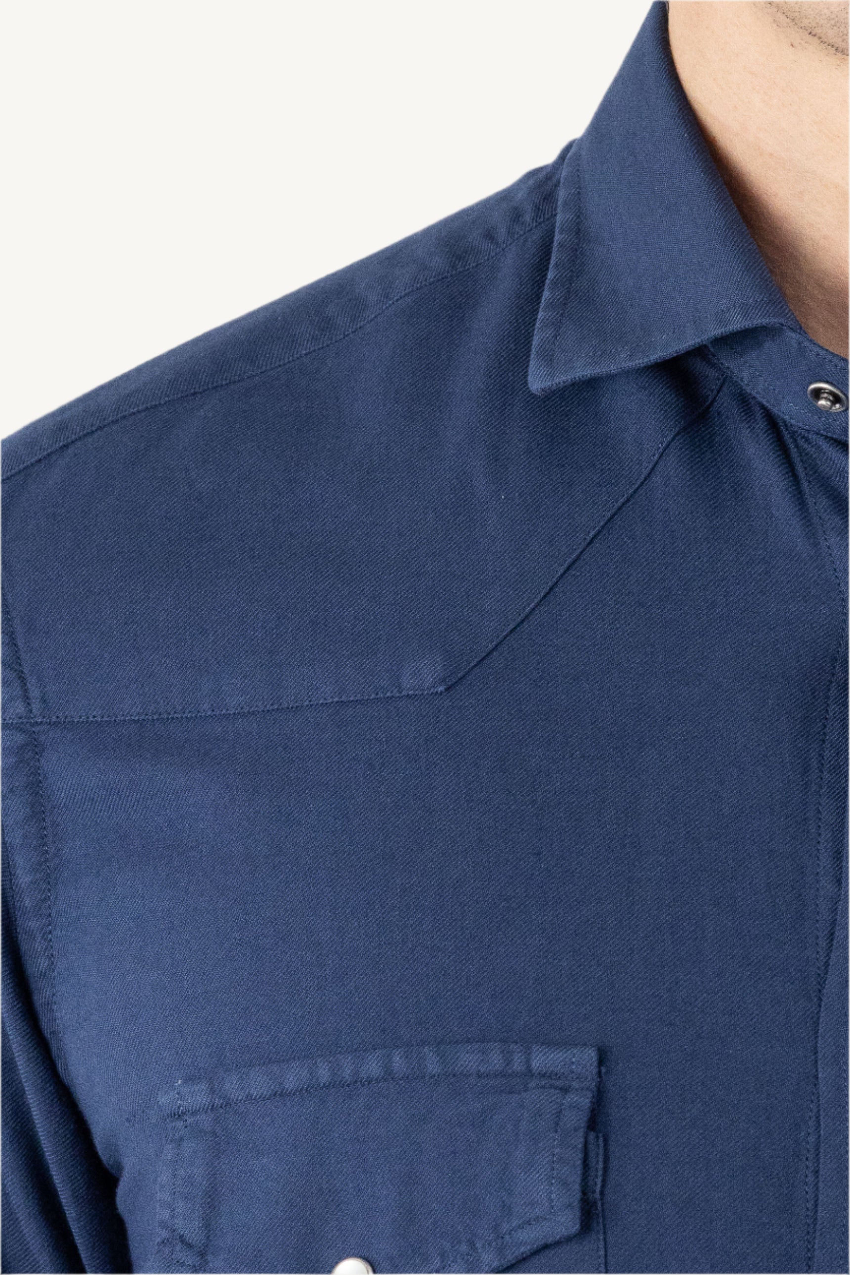 Blue cotton and viscose shirt — soft, breathable, and versatile, designed for autumn and winter, offering casual elegance and comfort in cooler weather.