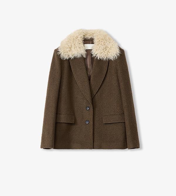 Brown coat with beige fur collar on a white background