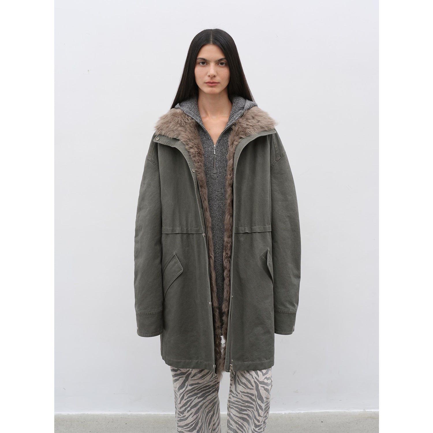 Person wearing a long green coat with fur-lined hood against a white background