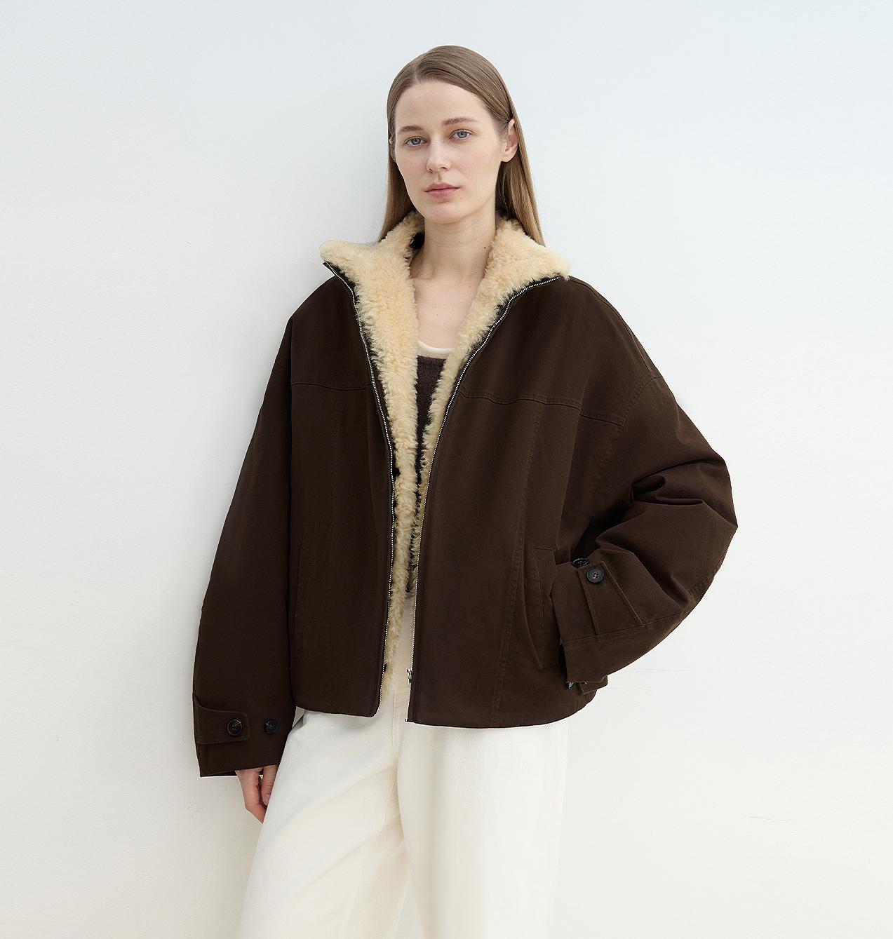 Woman wearing a brown jacket with beige fur lining against a white background