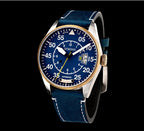 Blue wristwatch with a detailed face on a black background