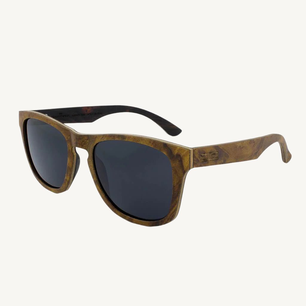 TommyOwens Sanibel wooden sunglasses with polarized lenses, stainless steel spring hinges, and handcrafted natural wood frame — stylish, durable, and lightweight.