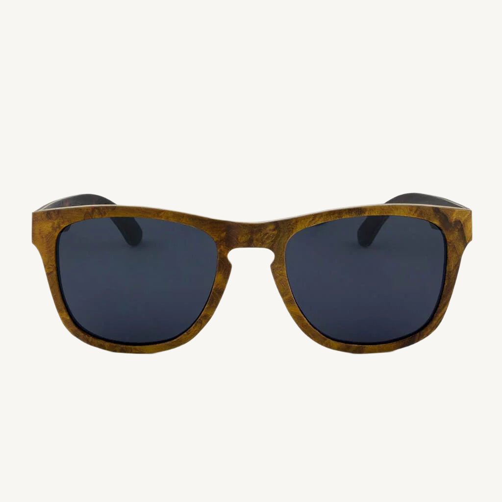 TommyOwens Sanibel wooden sunglasses with polarized lenses, stainless steel spring hinges, and handcrafted natural wood frame — stylish, durable, and lightweight.