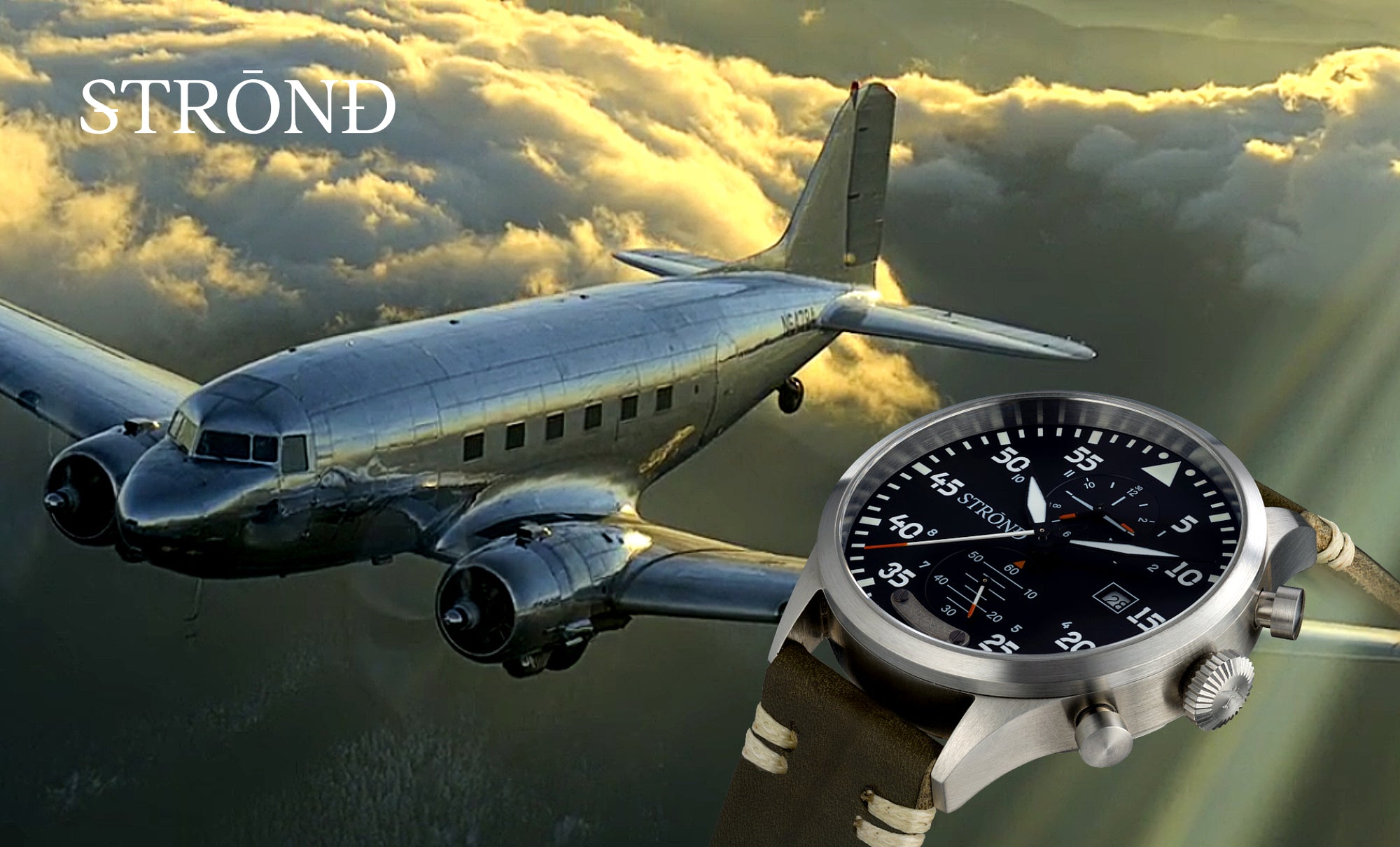 Vintage airplane flying above clouds with a watch in the foreground, featuring the brand 'STROND'.