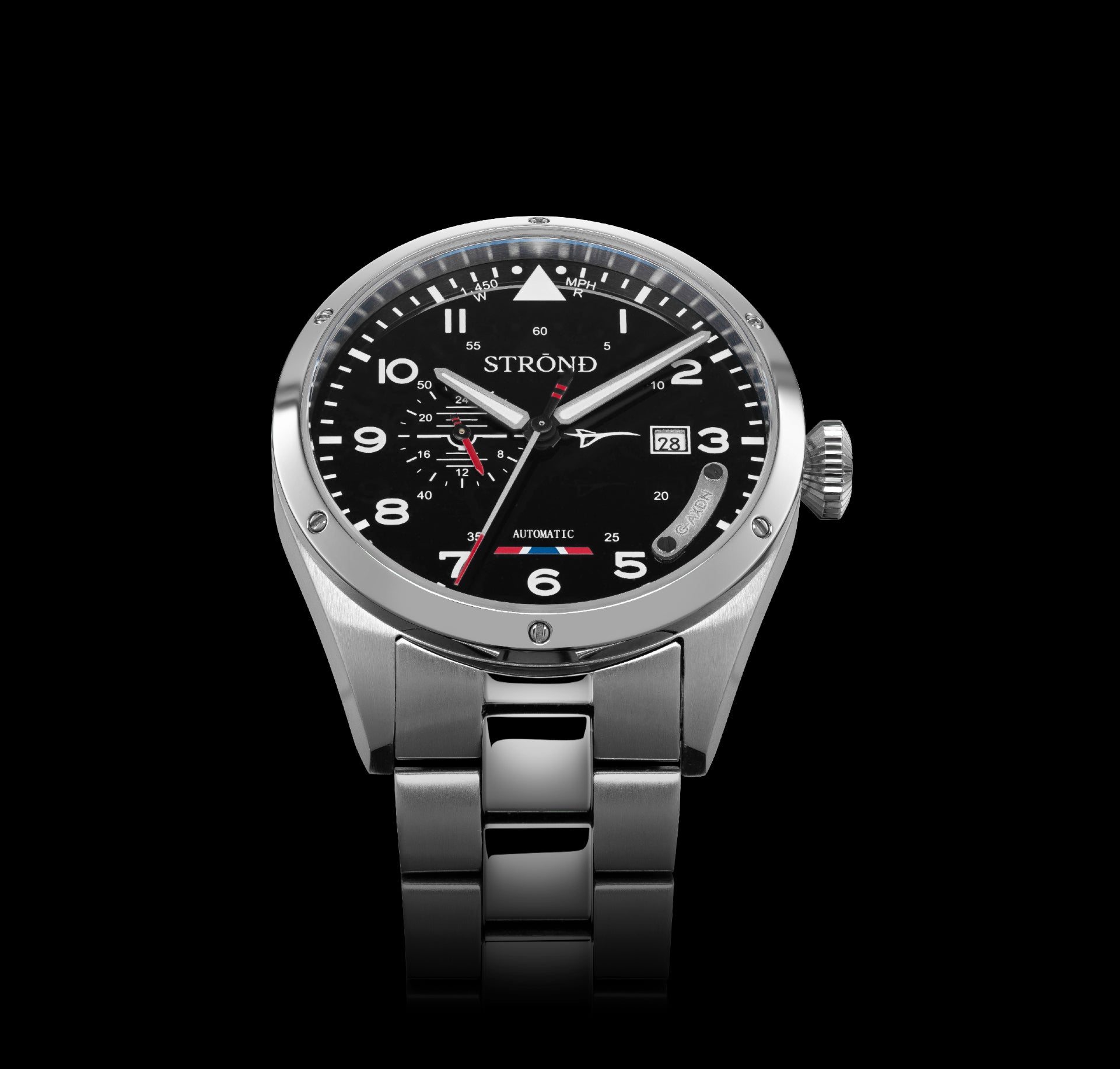 Silver watch with black dial on a black background