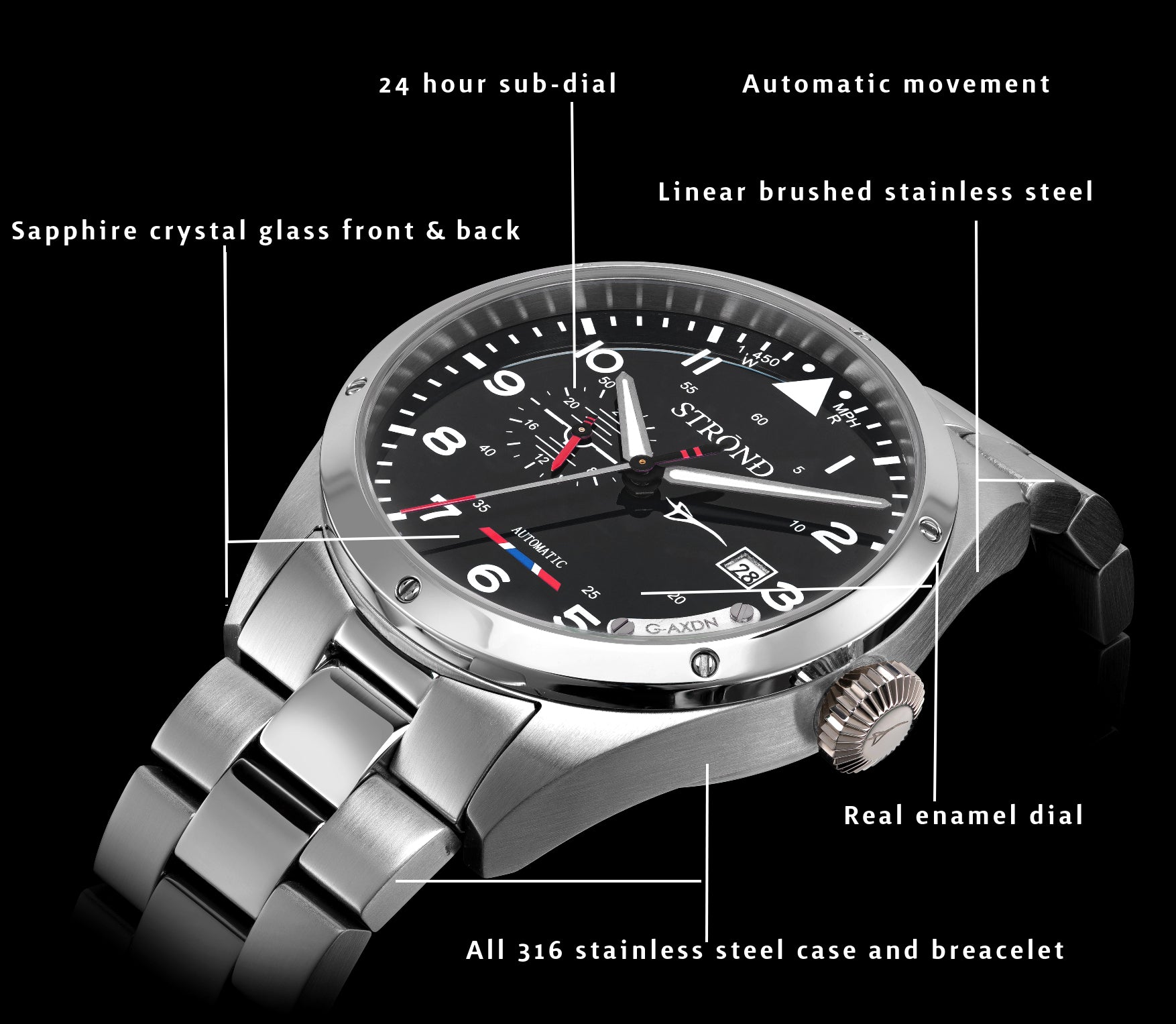 Strong brand watch with labeled features on a black background