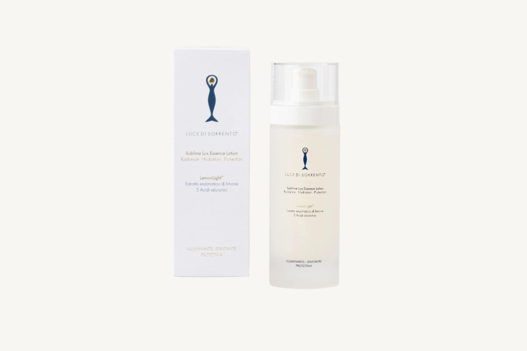 "Luce di Sorrento Sublime Lux Essence Face Lotion 100ml – concentrated brightening essence with LemonLight® enzymatic lemon extract, 5 types of hyaluronic acid, vitamin C, and probiotics, designed to hydrate, illuminate, and strengthen the skin barrier."