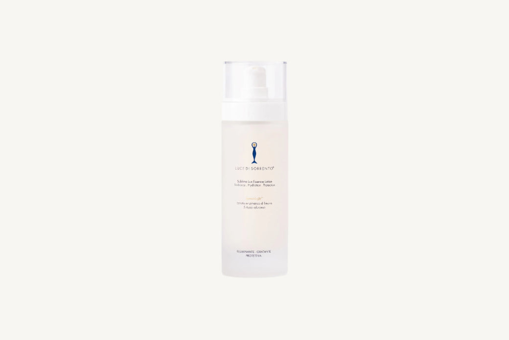 "Luce di Sorrento Sublime Lux Essence Face Lotion 100ml – concentrated brightening essence with LemonLight® enzymatic lemon extract, 5 types of hyaluronic acid, vitamin C, and probiotics, designed to hydrate, illuminate, and strengthen the skin barrier."