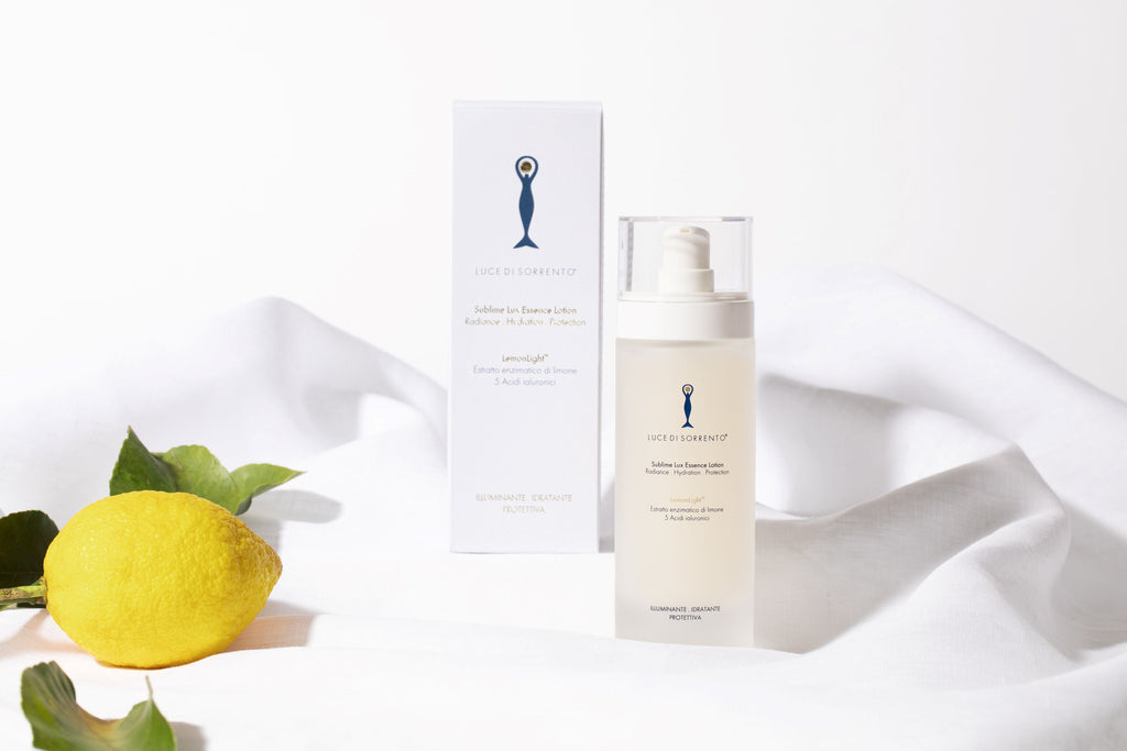 "Luce di Sorrento Sublime Lux Essence Face Lotion 100ml – concentrated brightening essence with LemonLight® enzymatic lemon extract, 5 types of hyaluronic acid, vitamin C, and probiotics, designed to hydrate, illuminate, and strengthen the skin barrier."