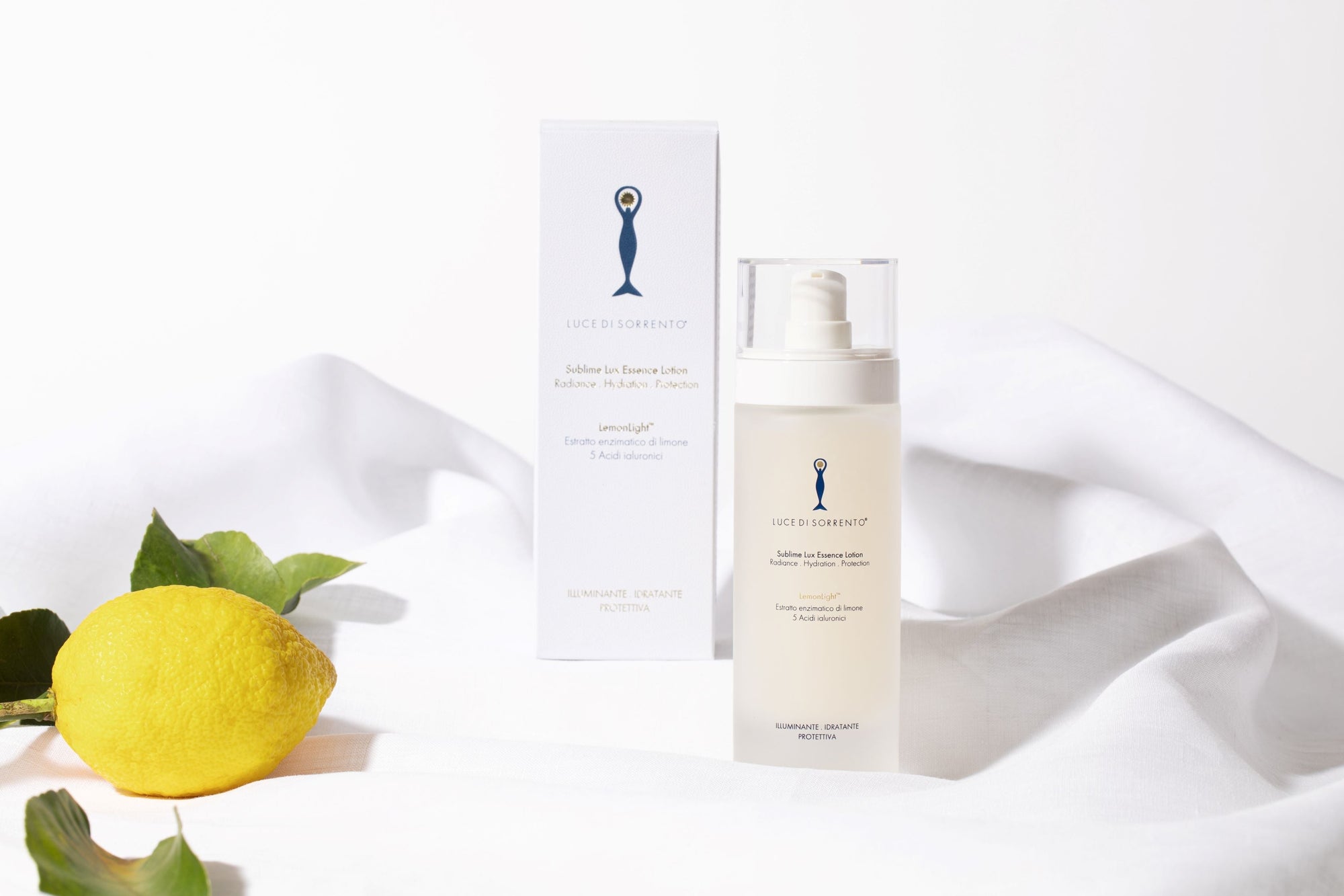 "Luce di Sorrento Sublime Lux Essence Face Lotion 100ml – concentrated brightening essence with LemonLight® enzymatic lemon extract, 5 types of hyaluronic acid, vitamin C, and probiotics, designed to hydrate, illuminate, and strengthen the skin barrier."