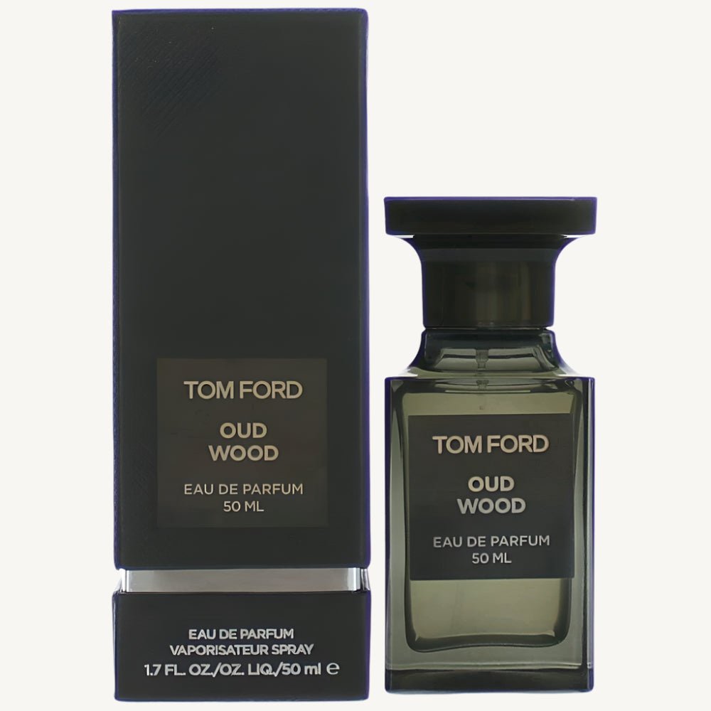 "Tom Ford Oud Wood 1.7 oz Eau de Parfum Spray – a rich, exotic unisex fragrance with notes of rare oud, sandalwood, cardamom, and amber, housed in a sleek and elegant bottle."