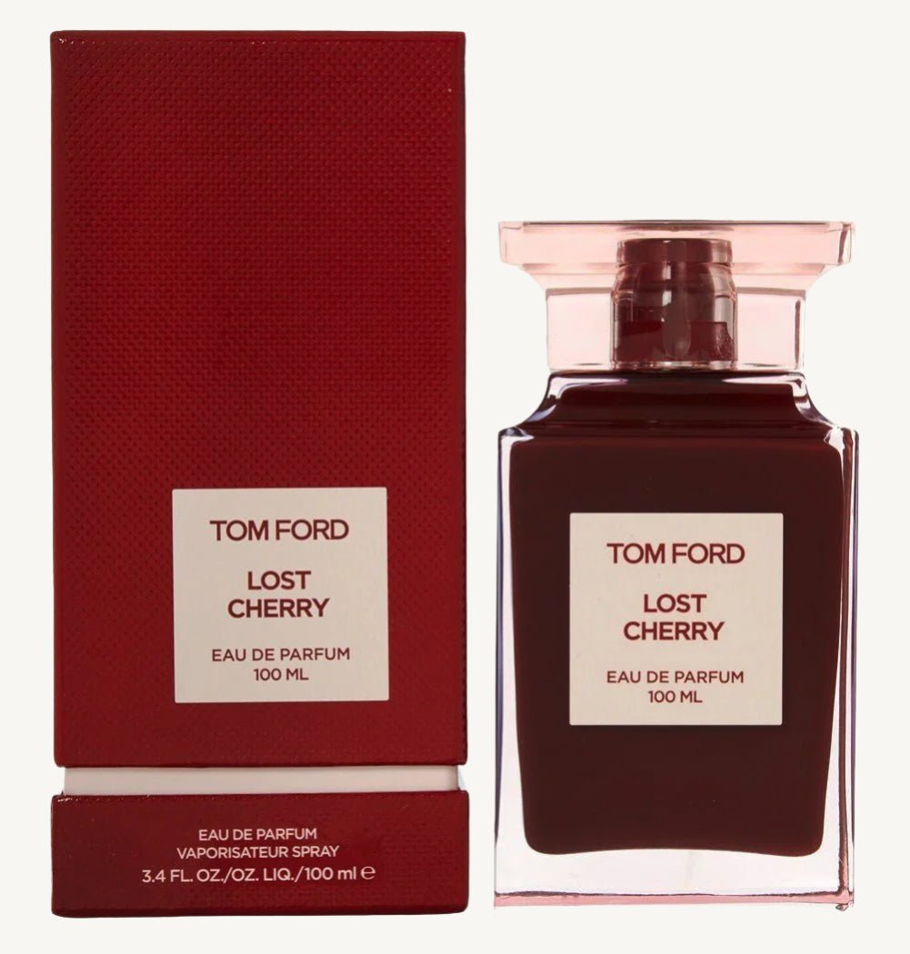 "Tom Ford Lost Cherry 3.4 oz Eau de Parfum Spray – a seductive unisex gourmand fragrance with notes of black cherry, bitter almond, rose, and tonka bean, wrapped in a luscious red bottle."