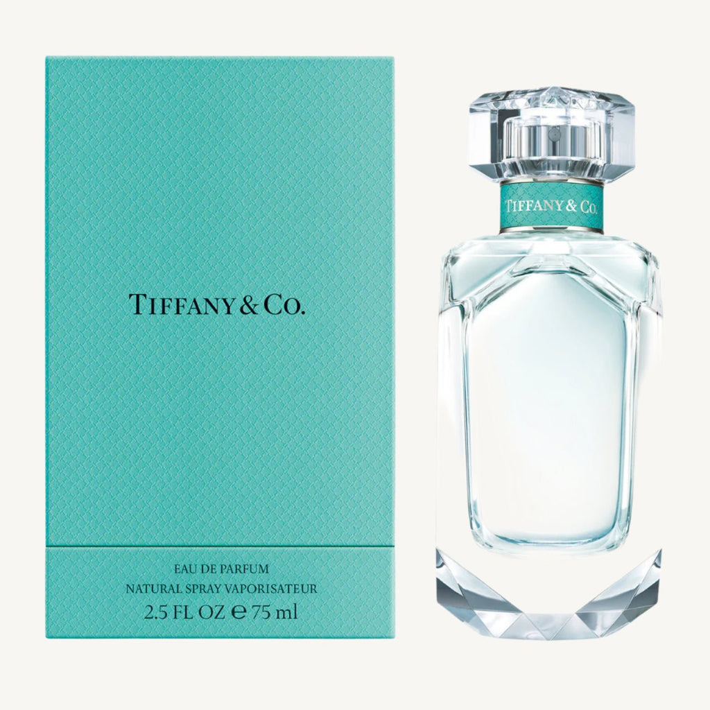 "Tiffany & Co. 2.5 oz Eau de Parfum Spray for women – a radiant and sophisticated floral musk fragrance with notes of mandarin, iris, patchouli, and musk, inspired by the elegance of Tiffany diamonds."
