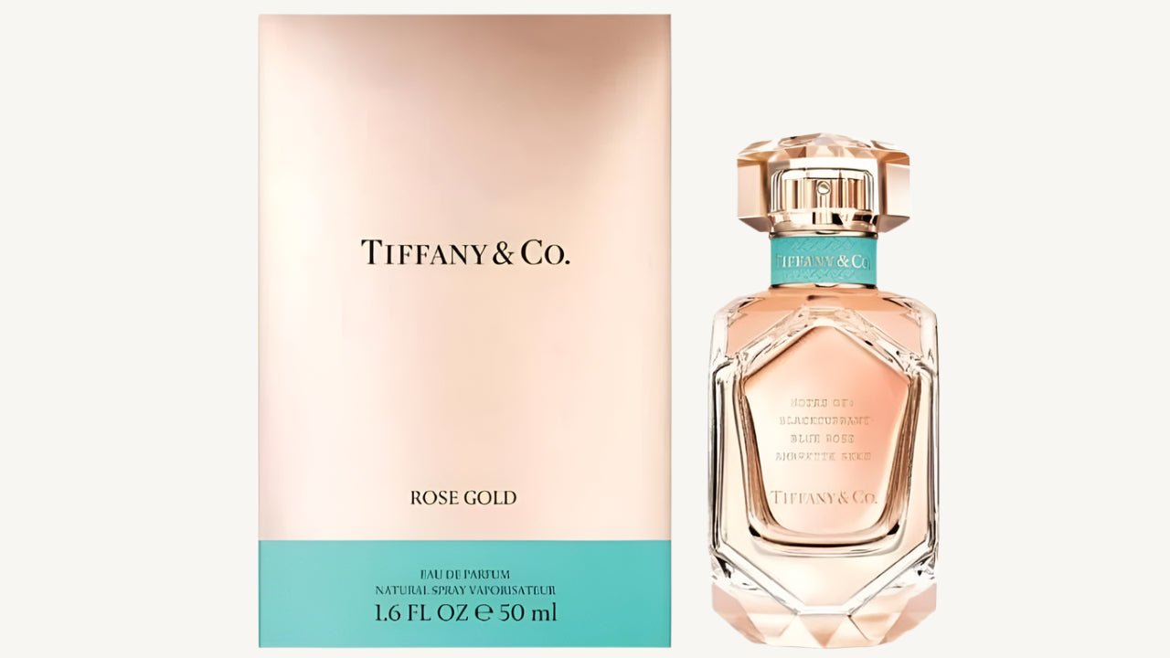 "Tiffany & Co. Rose Gold 1.6 oz Eau de Parfum Spray for women – a luminous floral-fruity fragrance with notes of blackcurrant, blue rose accord, and ambrette seed, encased in a chic rose gold bottle."