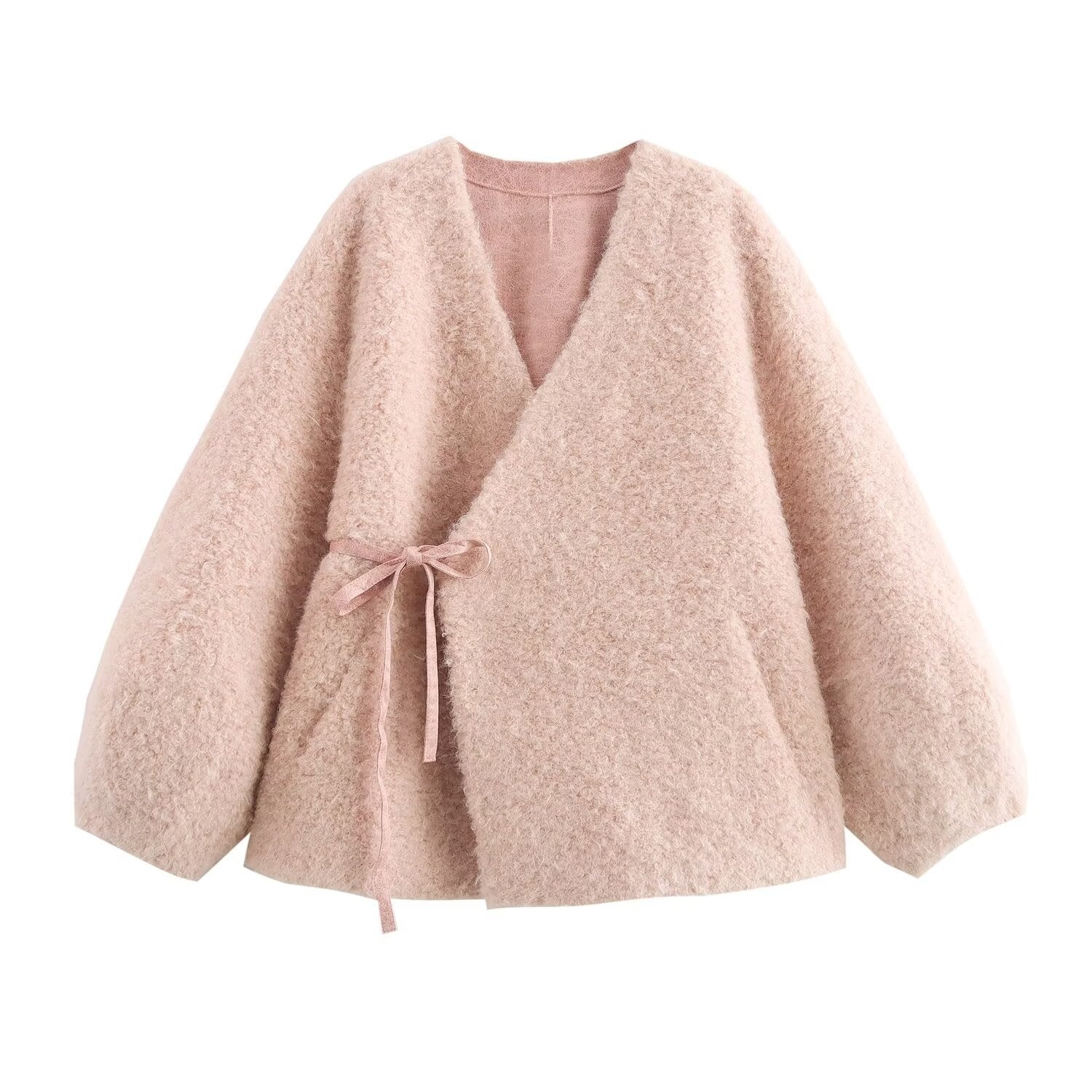 Pink textured coat with a tie detail on a white background
