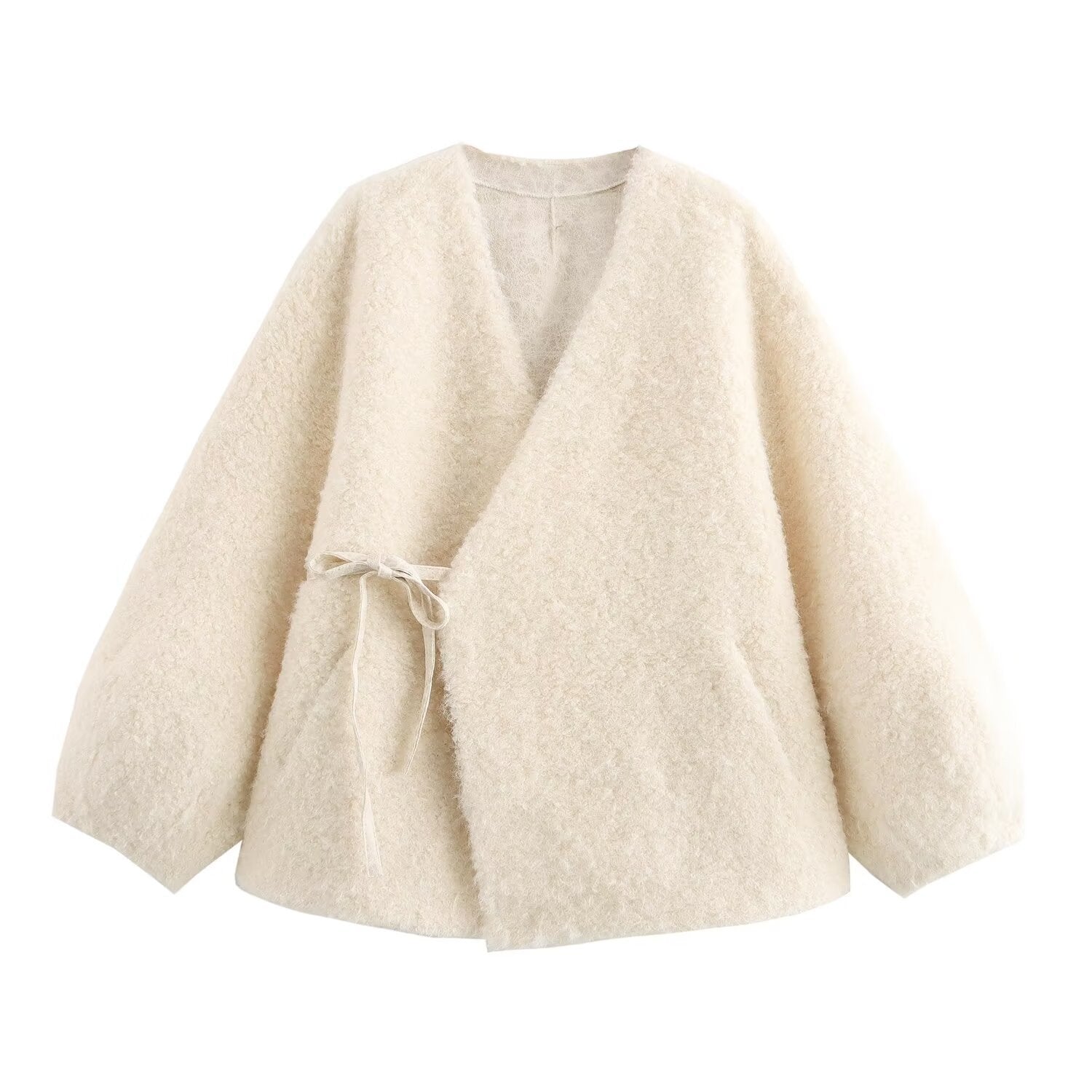 Beige cardigan with a tie detail on a white background
