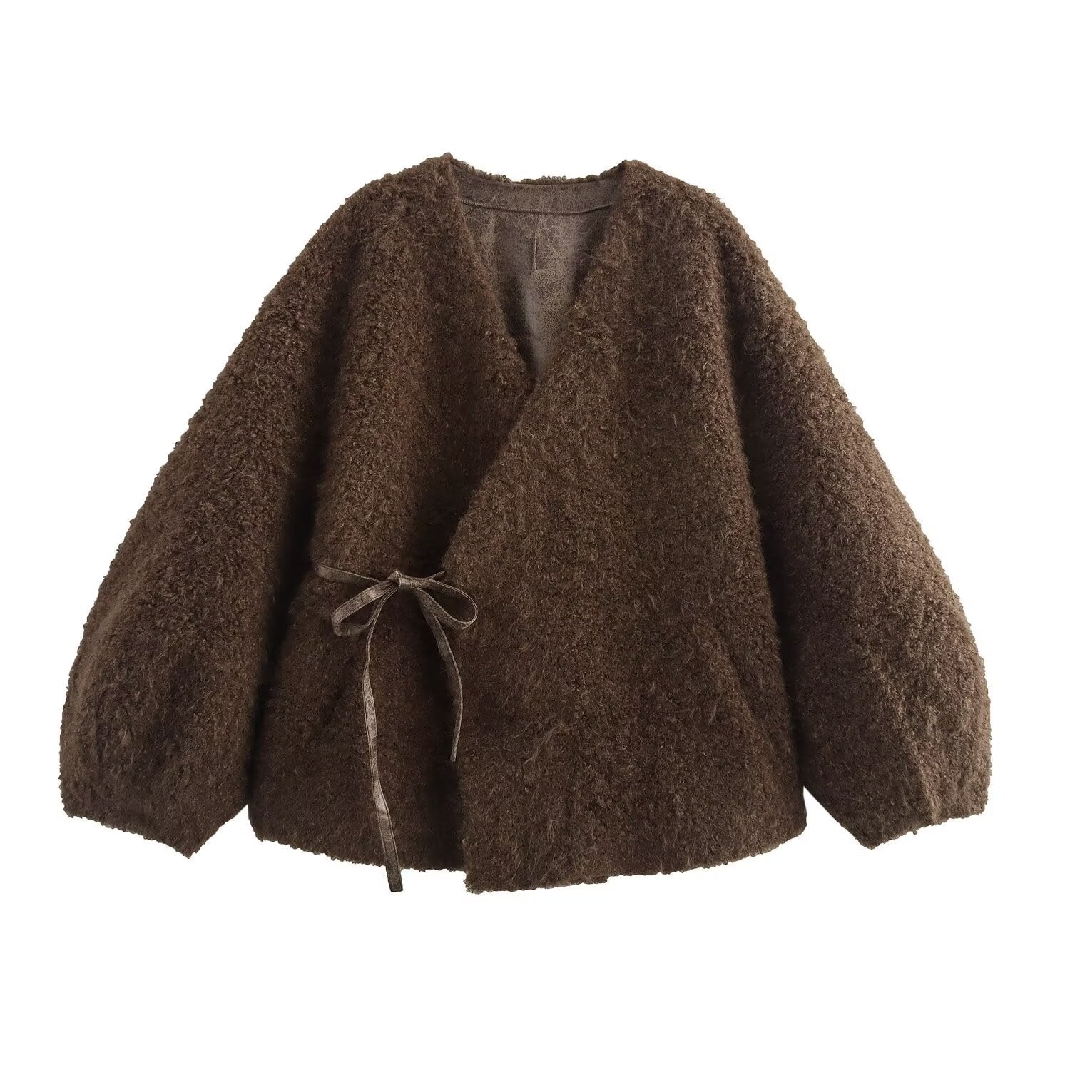 Brown textured cardigan with a tie detail on a white background