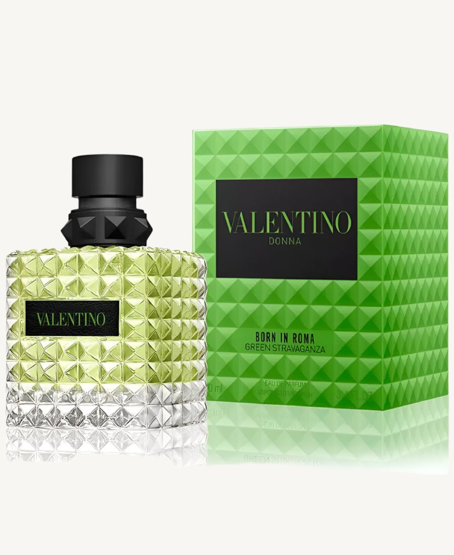 "Valentino Donna Born in Roma Green Stravaganza 3.4 oz Eau de Parfum Spray – a bold and luminous floral-green fragrance for women with notes of jasmine, Lapsang Souchong tea, and ambrette, in a vibrant green studded bottle."