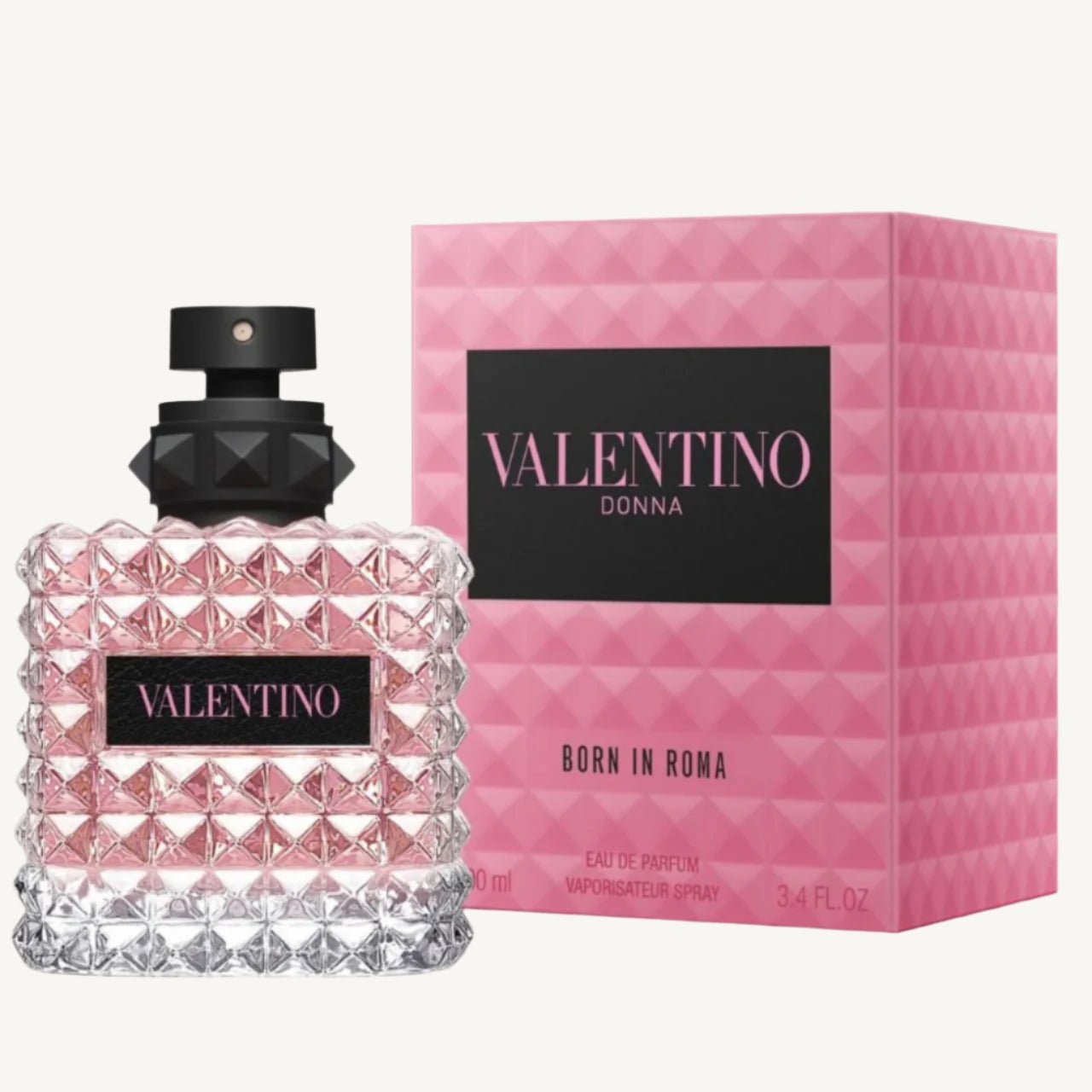 "Valentino Donna Born in Roma 3.4 oz Eau de Parfum Spray for women – a sophisticated floral-amber fragrance with notes of jasmine, vanilla bourbon, and woody accords, in an elegant studded glass bottle."
