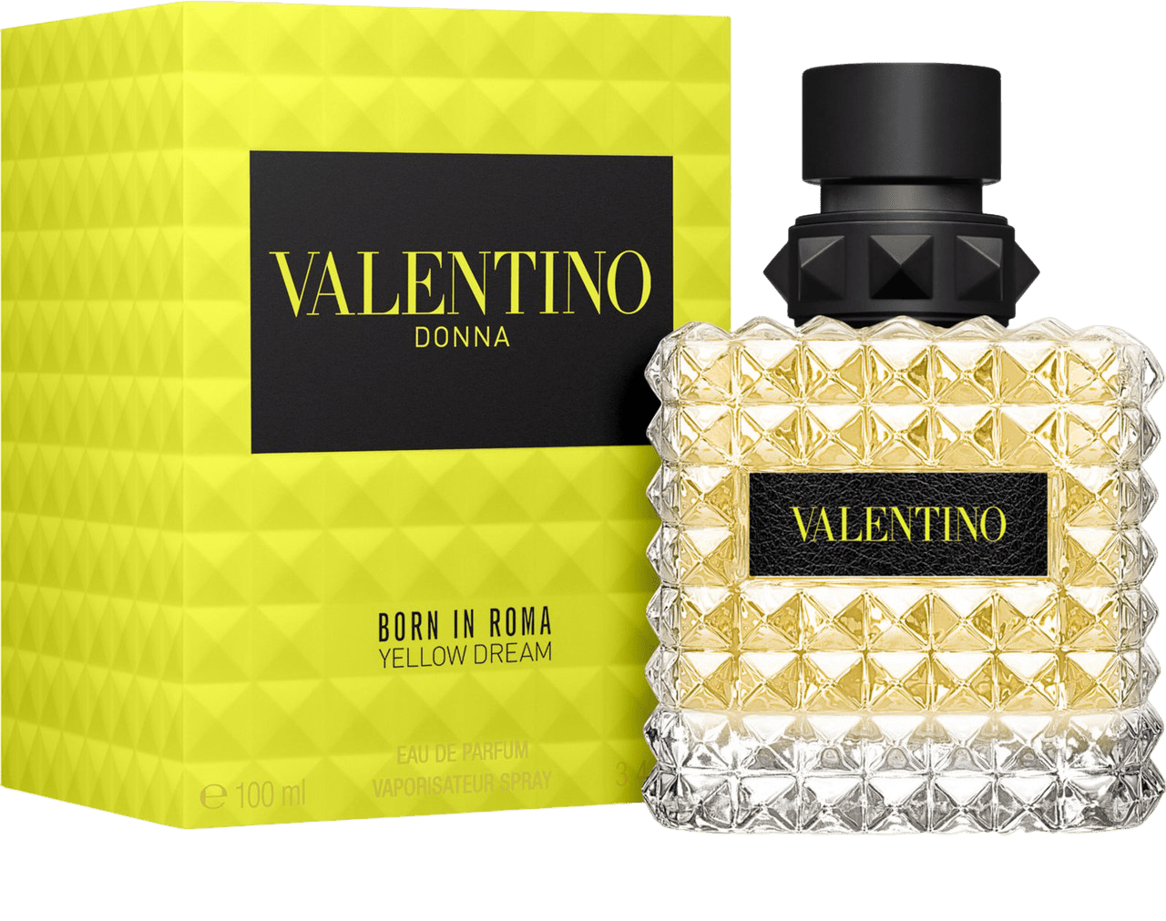 Valentino Donna Born in Roma Yellow Dream perfume bottle — a luminous floral fragrance for women with notes of lemon, rose, and white musk, inspired by golden Roman mornings.