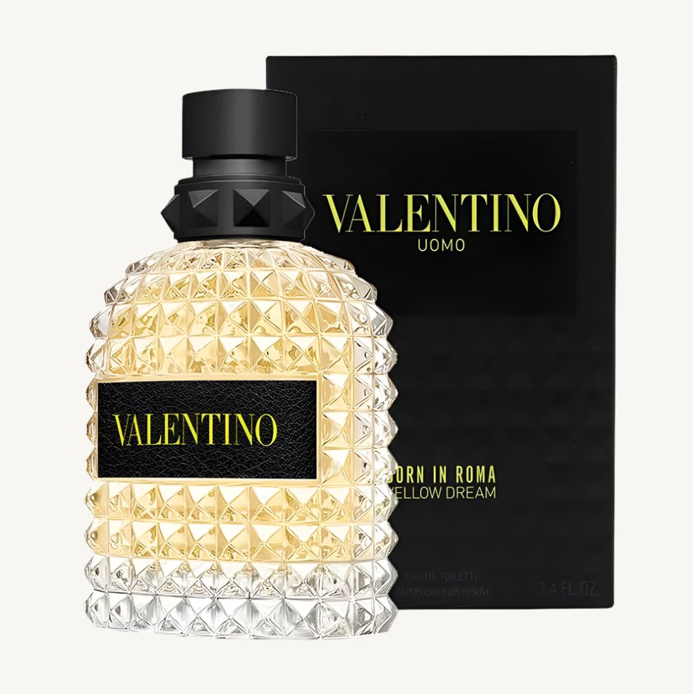 "Valentino Uomo Born in Roma Yellow Dream 3.4 oz Eau de Toilette Spray for men – a vibrant, spicy-woody fragrance with notes of pineapple, mandarin, gingerbread, and cedarwood, in a studded yellow-accented bottle."