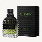 "Valentino Uomo Born in Roma Green Stravaganza 3.4 oz Eau de Toilette Spray for men – a bold, aromatic fragrance blending bergamot, coffee accord, and vetiver, in a stylish studded green bottle."