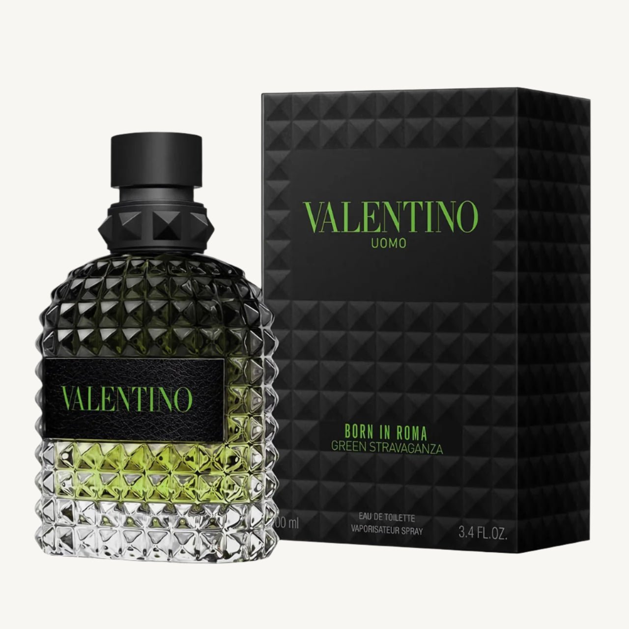 "Valentino Uomo Born in Roma Green Stravaganza 3.4 oz Eau de Toilette Spray for men – a bold, aromatic fragrance blending bergamot, coffee accord, and vetiver, in a stylish studded green bottle."