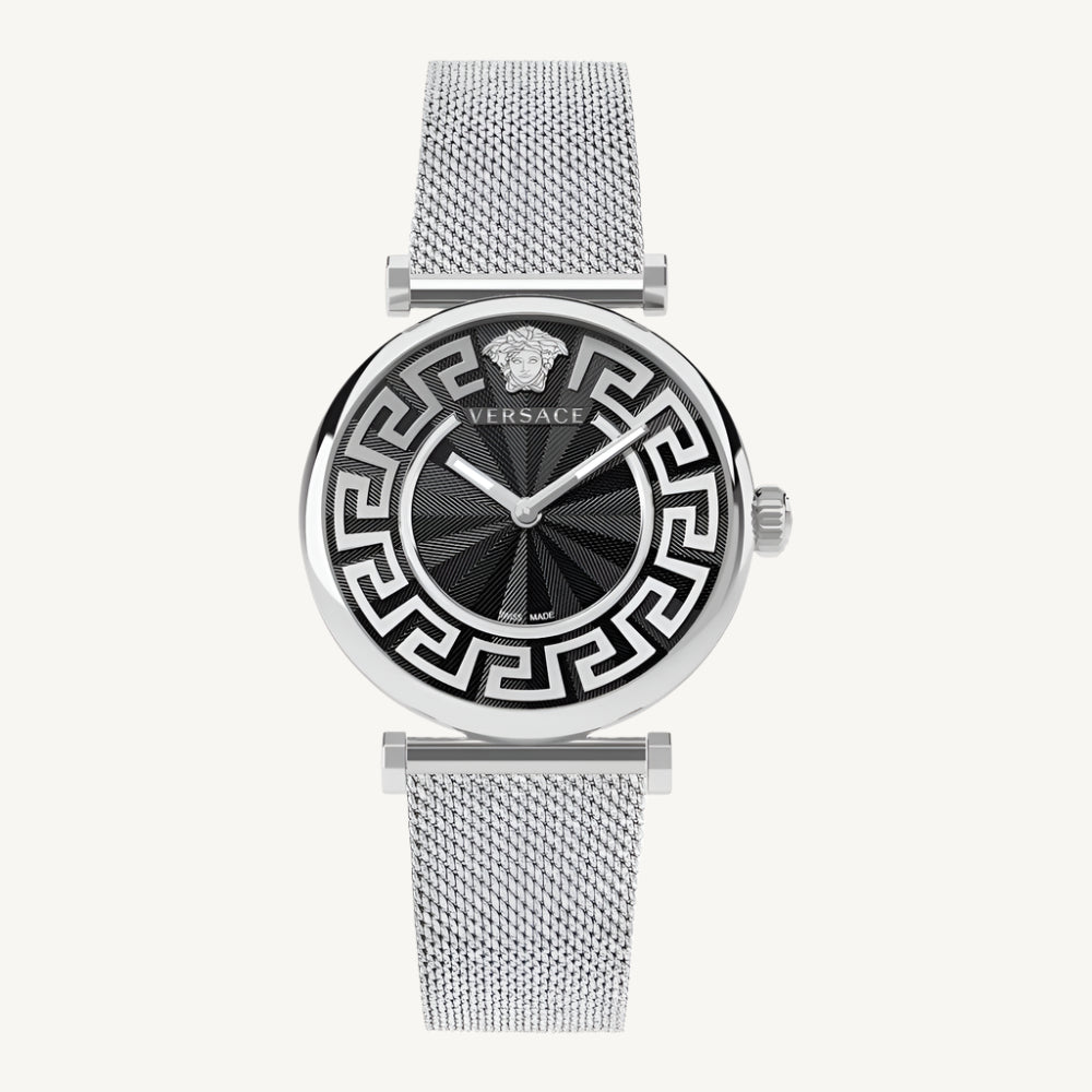 Versace VE1CA0423 Lady ladies watch with silver-tone polished/matte stainless steel case and bracelet, silver-grey dial, sapphire glass – sophisticated Swiss quartz watch for women.