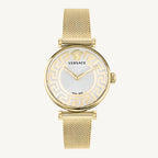 Versace VE1CA0623 Lady ladies watch with gold-tone polished/matte stainless steel case and bracelet, silver-gold dial, sapphire glass – elegant Swiss quartz luxury watch for women.