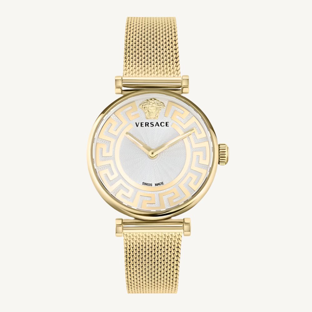 Versace VE1CA0623 Lady ladies watch with gold-tone polished/matte stainless steel case and bracelet, silver-gold dial, sapphire glass – elegant Swiss quartz luxury watch for women.