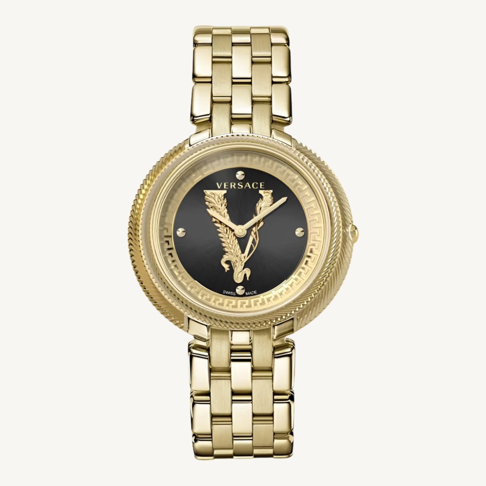 Versace VE2CA0723 New Lady ladies watch with polished gold-tone stainless steel case and bracelet, sleek black dial, sapphire glass – sophisticated Swiss quartz watch for women.