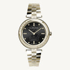 Versace VE2J00721 New Lady ladies watch with gold-tone polished stainless steel case and bracelet, black dial, and anti-reflective sapphire glass – elegant Swiss-made timepiece.