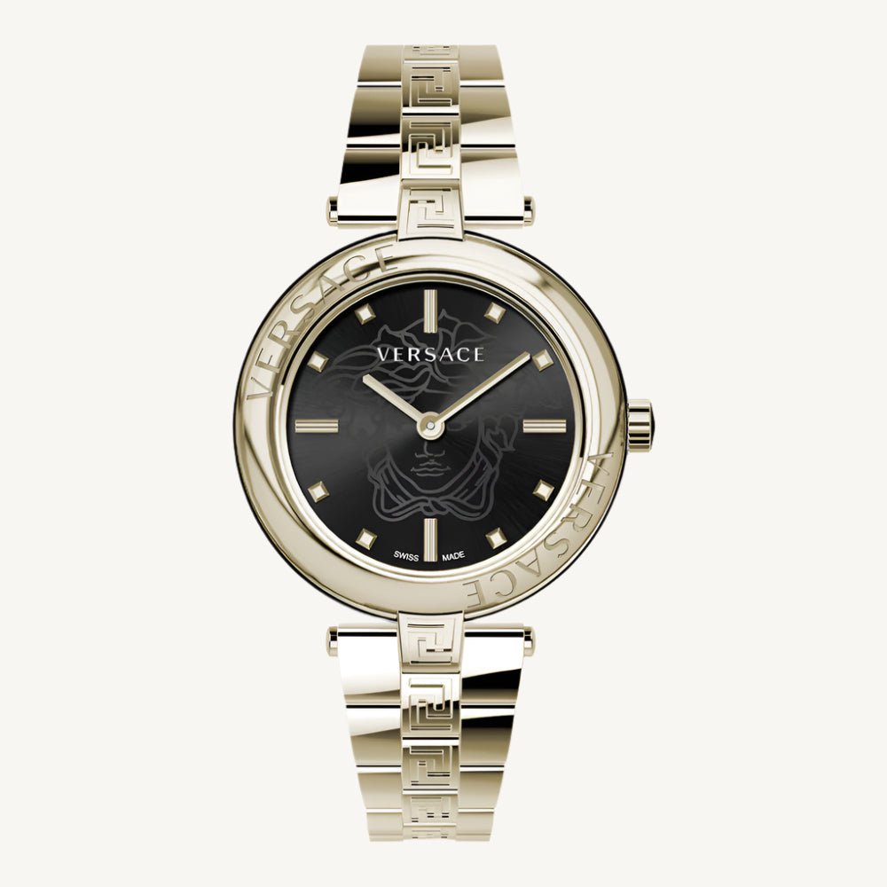 Versace VE2J00721 New Lady ladies watch with gold-tone polished stainless steel case and bracelet, black dial, and anti-reflective sapphire glass – elegant Swiss-made timepiece.